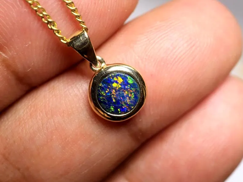 Solid 14k Gold Lightning Ridge Black Opal Doublets Pendant TOG-1060 - Image 3